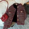Winter Vintage Woven Tweed Jacket Women's Single Breasted Chic Thick Fleece Warm Coat Retro Plaid Fashion Outwear