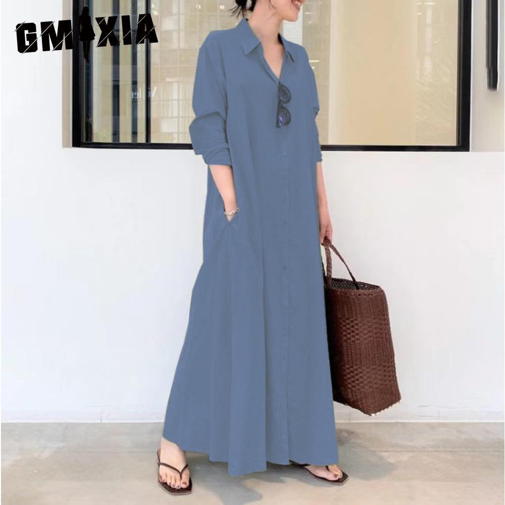 GMXIA Женская мода лето весна однотонный принт с длинным рукавом поло-шея повседневные платья