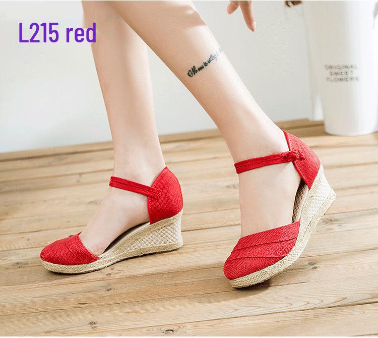 Women's Ethnic Style Summer Wedge Sandals - Breathable Linen with One-Strap Buckle and High Heel Design