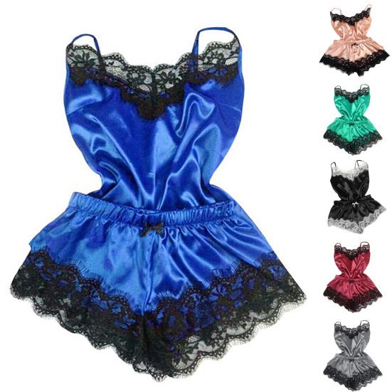 Spaghetti Strap Lace Stitching Vest Shorts Set Imitation Satin V-Neck Sleeveless Pajama Set for Wedding Night