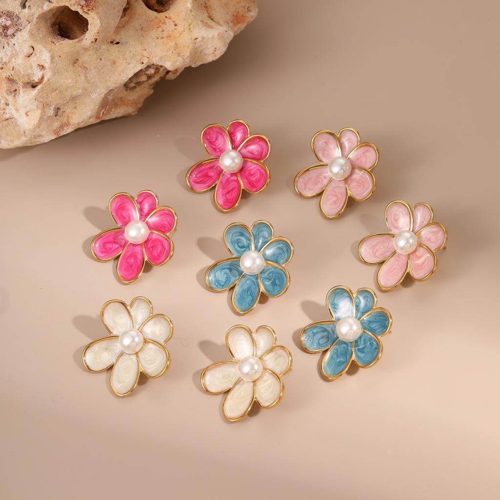GEMCHIC Women's Colorful Enamel Flower Stud Earrings with Pearl Center French Retro Stainless Steel Jewelry