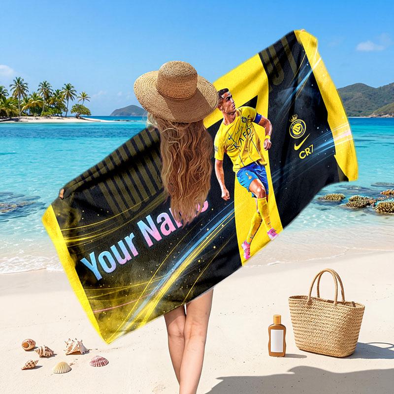 Cristiano Ronaldo Custom Beach Towel, Personalized Name Text Print, Football Logo Soft Quick‑Dry Towel Holiday Gift