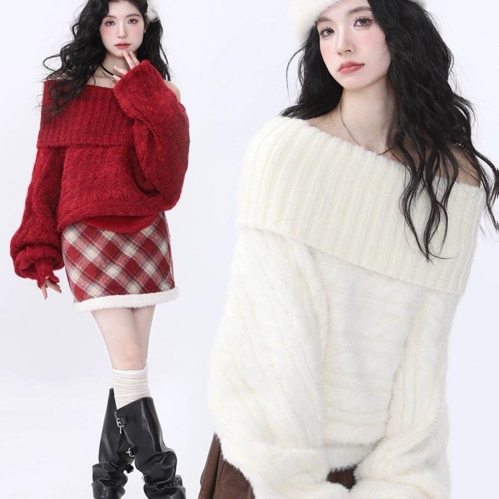 One-word Shoulder Sweater Women's Autumn and Winter New Gentle and Loose High-end Knitted Sweater Pullover Twist Top