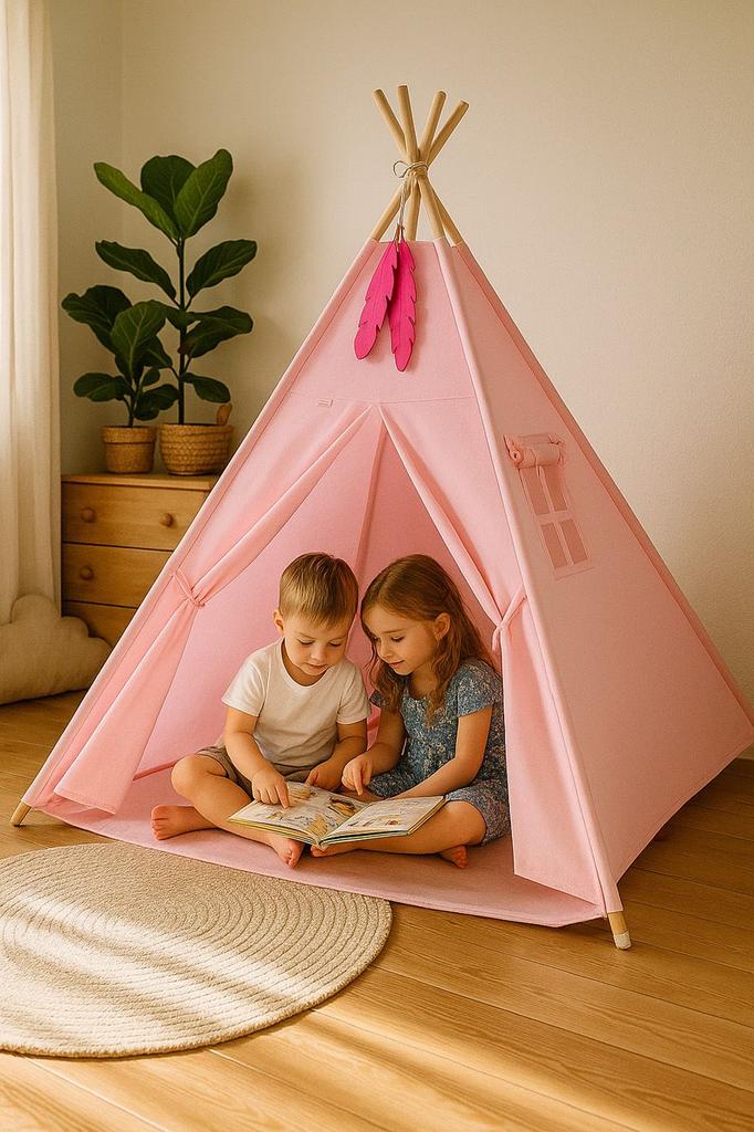 Tipi Tent for Children + Mat + Feather Pendants - Pink