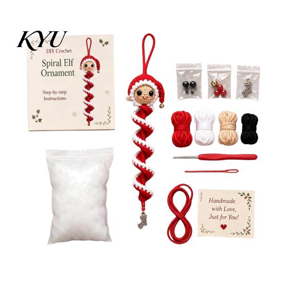 Holiday Craft Set Crochet Doll Spiral Ornament DIY Kit, with Yarn Project Soft Yarn, Beads, Christmas Tree Hanging for Window Wall Cabinet Festive
