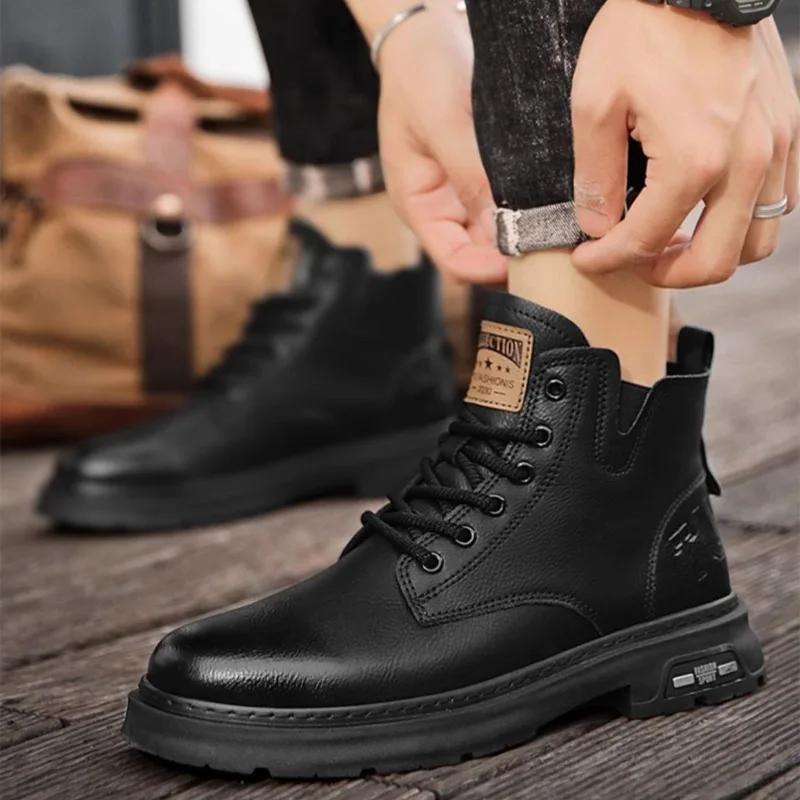 Мода 2024Мужские ботинки Высококачественные кожаные ботинки Ботильоны на шнуровке в стиле ретро Модные мотоциклетные ботинки для мужчин Ботинки на платформе Botas Hombre