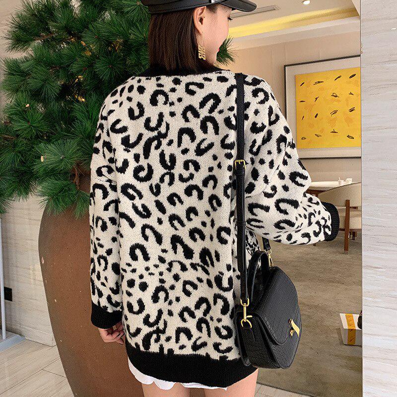 Свободный свитер с круглым вырезом и леопардовым принтом, женский эластичный вязаный нижний свитер с длинными рукавами, пуловер, женский, весна-осень 2020