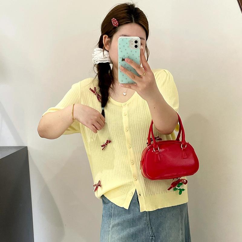 Женский кардиган с бантом большого размера, летний свободный вязаный свитер с короткими рукавами