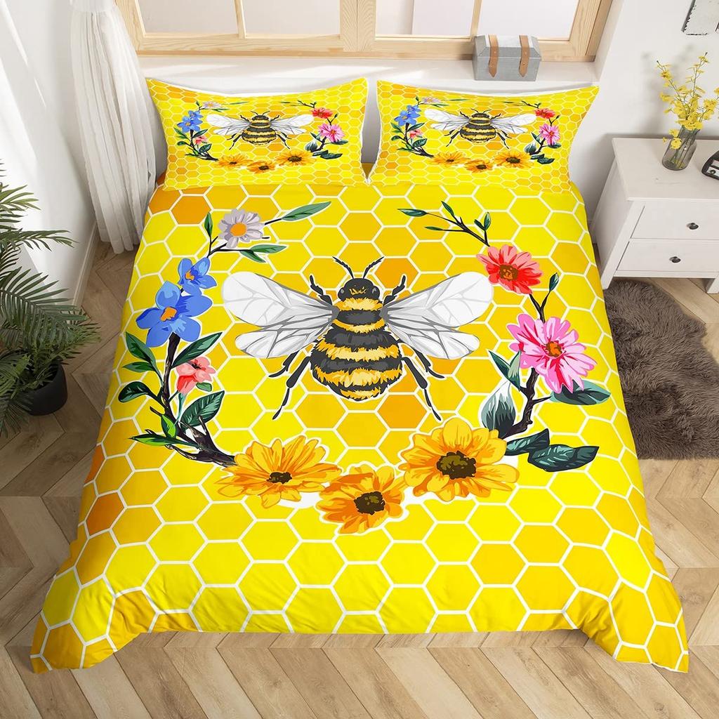 Bee Duvet Cover Twin Honeybee Bedding Set Farmhouse Wild Animal Comforter Cover Boho White Daisy Flowers Floral Wreath Bed Set