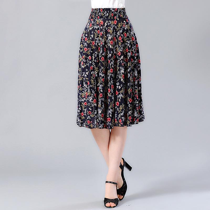 Women's Summer Floral Ice Silk Pleated Skirt - Mid-Length with Elastic Waist