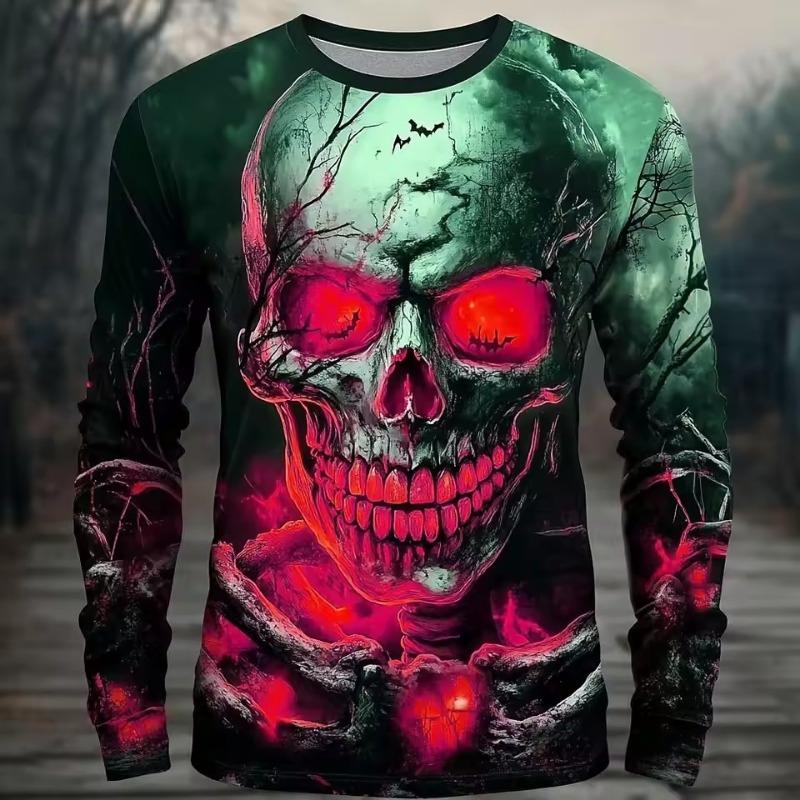 3D Terror Skull Print Men's Long Sleeve T-shirt Halloween Dress Up Street Hip Hop Y2k Clothes Fashion Fall Long Sleeve Tops Tees