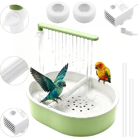 Quiet Pump Automatic Bird Bath Detachable BPA Free Shower Tub Adjustable Water Flow for Parakeet Cage