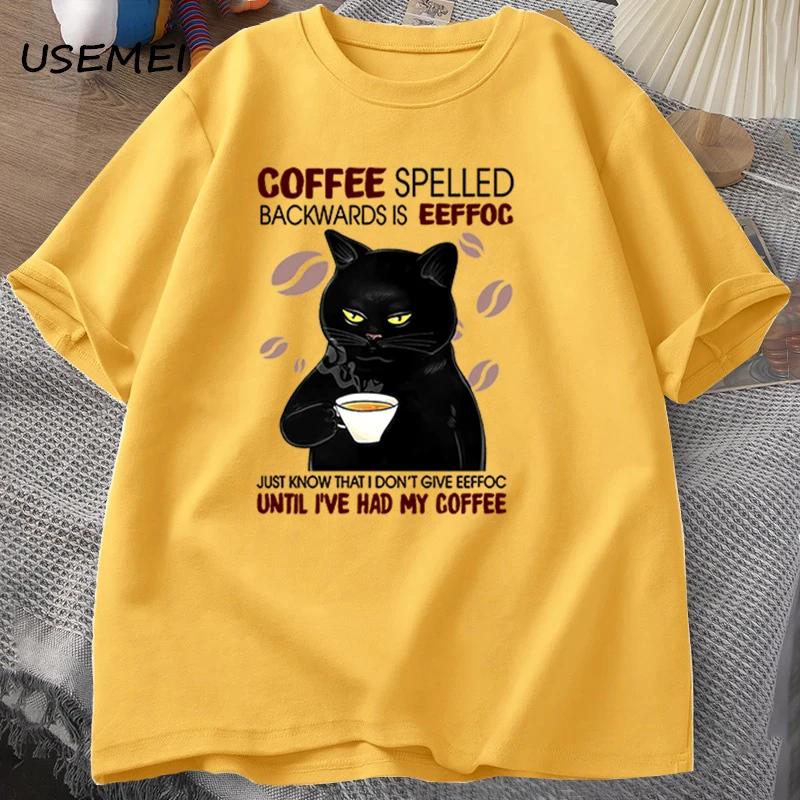 Coffee Spelled Backwards Cat Tshirt Funny Cute Graphic Tees Summer Unisex Cotton ONcek T Shirt Oversized Unisexs Clothes oversized