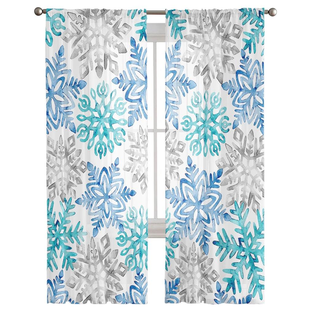 Christmas Blue Green Snowflakes Bedroom Transparent Sheer Curtains Holiday Decoration Window Voile Tulle Curtain