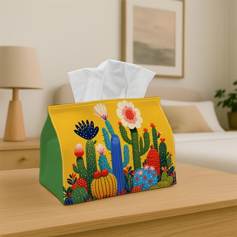 1pc Playful Botanical Illustration Modern Geometric Abstract Decorative Tissue Box | Cactus Garden Colorful for Home, for party, Car, Kitchen & Bathro