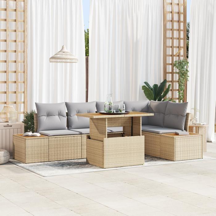 VidaXL Ensemble de salle à manger de jardin 6 pièces avec coussins Beige en poly rotin et acacia 3350072
