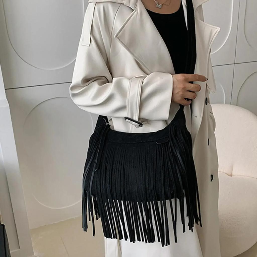 Large Retro Fringed Handbag Totes Bag PU Messenger Bag Zipper Soft Ethnic Style Women’s Fringed Leather Shoulder Bag