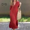 Summer Dress Three-quarter Sleeves Side Slit Loose V Neck Midi Dress with Pockets Solid Color Pleated Pullover Calf Length Casual Dress