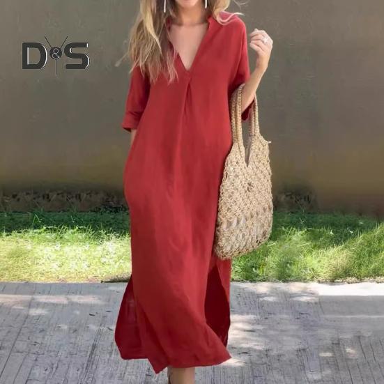 Summer Dress Three-quarter Sleeves Side Slit Loose V Neck Midi Dress with Pockets Solid Color Pleated Pullover Calf Length Casual Dress