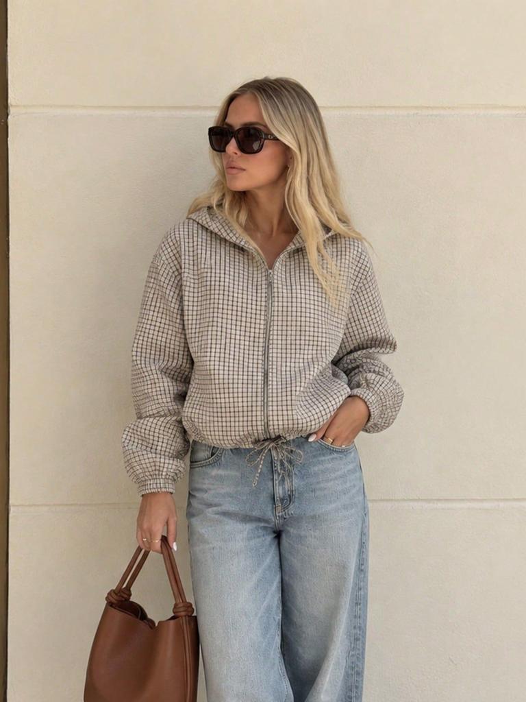 Women's Plaid Hooded Zip Jacket Casual Lightweight Flannel Shacket for Spring Fall