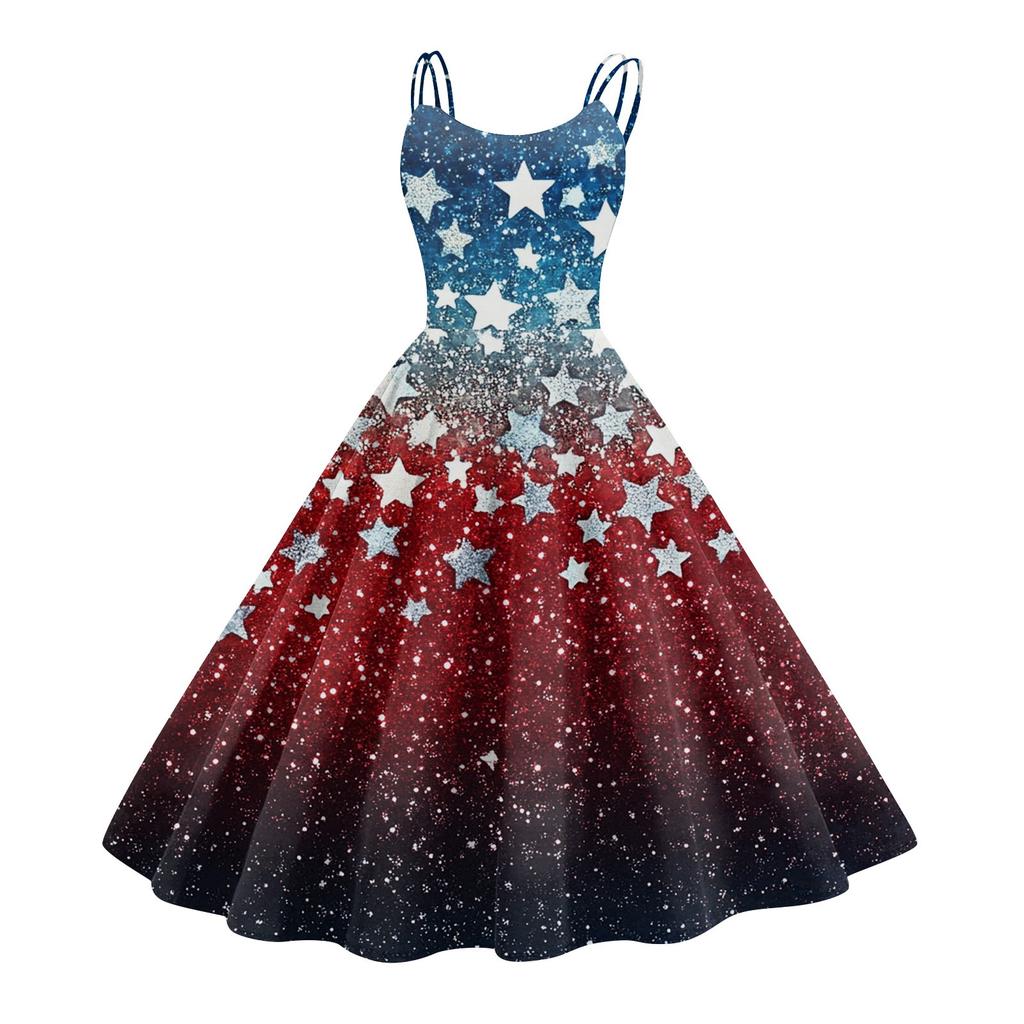Women's Patriotic Starry Night Dress Sleeveless American Flag Design, Perfect for Celebrations & Summer Events