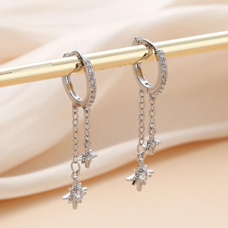 Женские серьги-подвески в форме звезды с кубическим цирконием, позолоченные серьги-кольца, модные милые ювелирные изделия для девочек, подарочные серьги-подвески