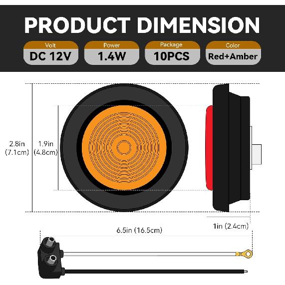 10PCS 2" Trailer Marker Lights,9 LED Round Side Marker Clearance Lights With Rubber Grommets & 2 Prong Wire Pigtails,Waterproof Trailer Lights Kit