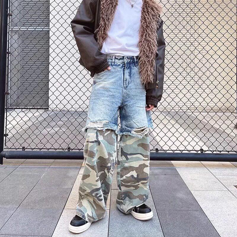 Oversized Camo Patchwork Denim Pants Women High Waist Wide Leg Straight Fit Casual Jeans