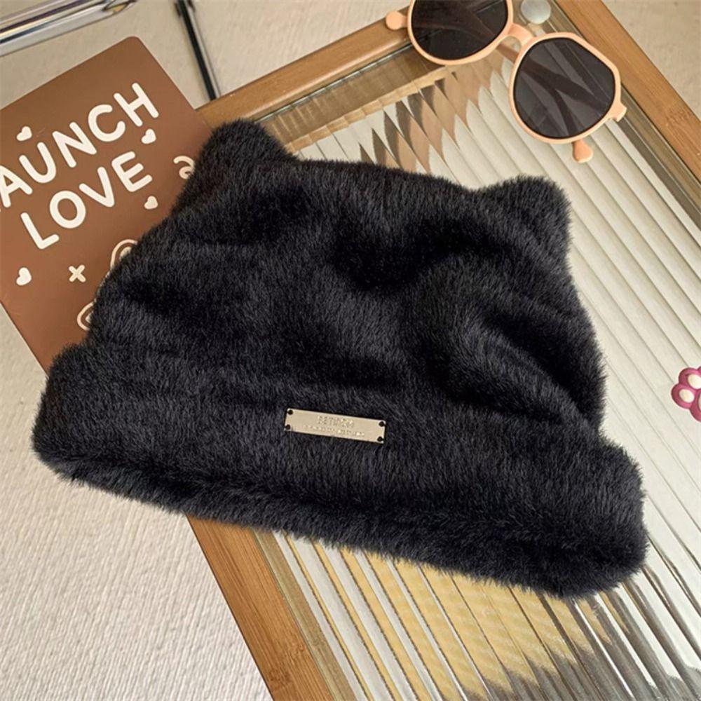 Bear Ears Knitted Cap Letter Winter Plush Hat Cute Cat Ears Hat  Female/Girls