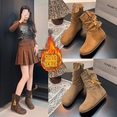 Винтажные 2025 Западные ботинки Martin Ботинки Внутреннее увеличение высоты Осень и Зима Круглый носок Начес Короткие ботинки-боксеры Birkenmeier Женские