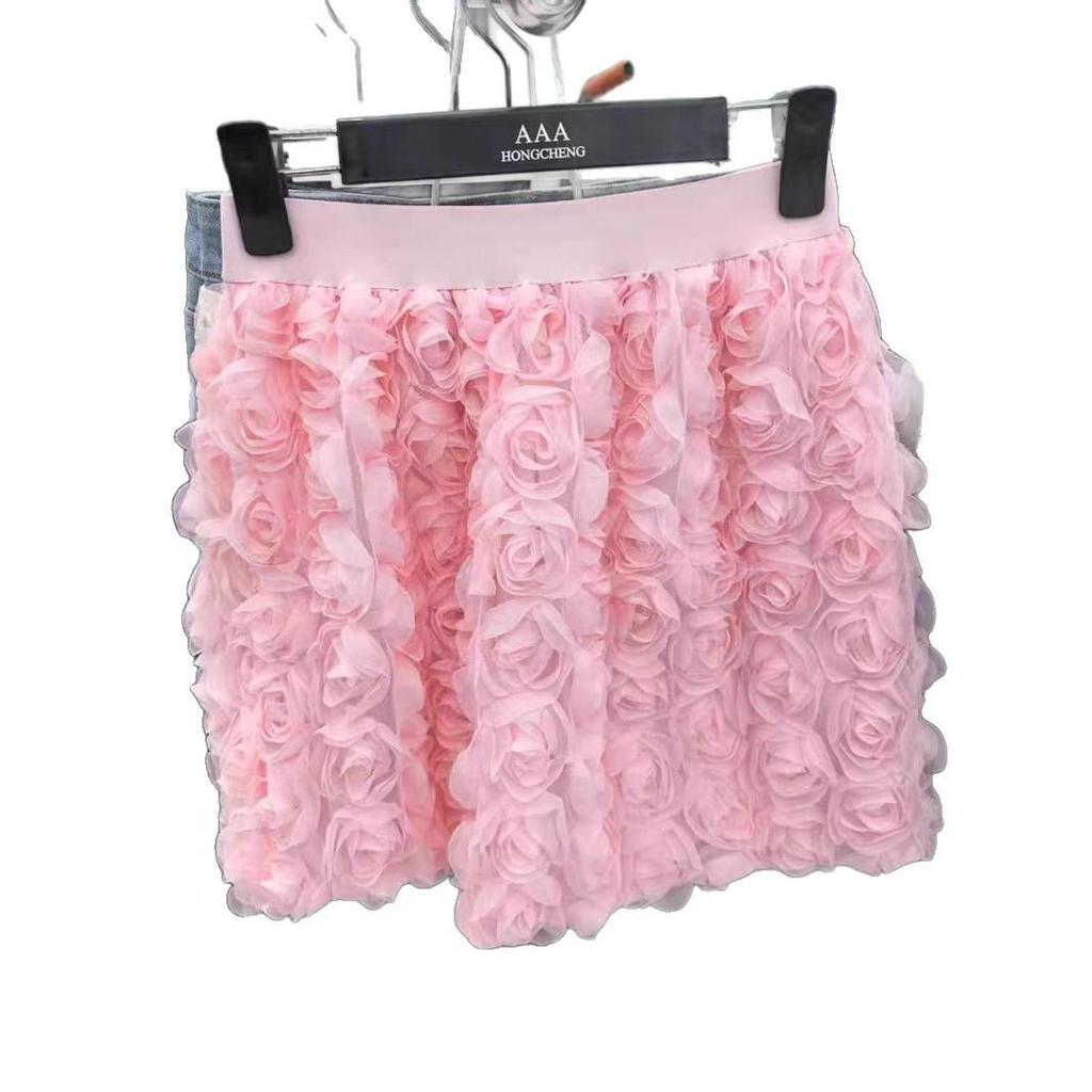 Женская европейская и американская A-силуэтная юбка с 3D-розами: Элегантная короткая юбка для похудения