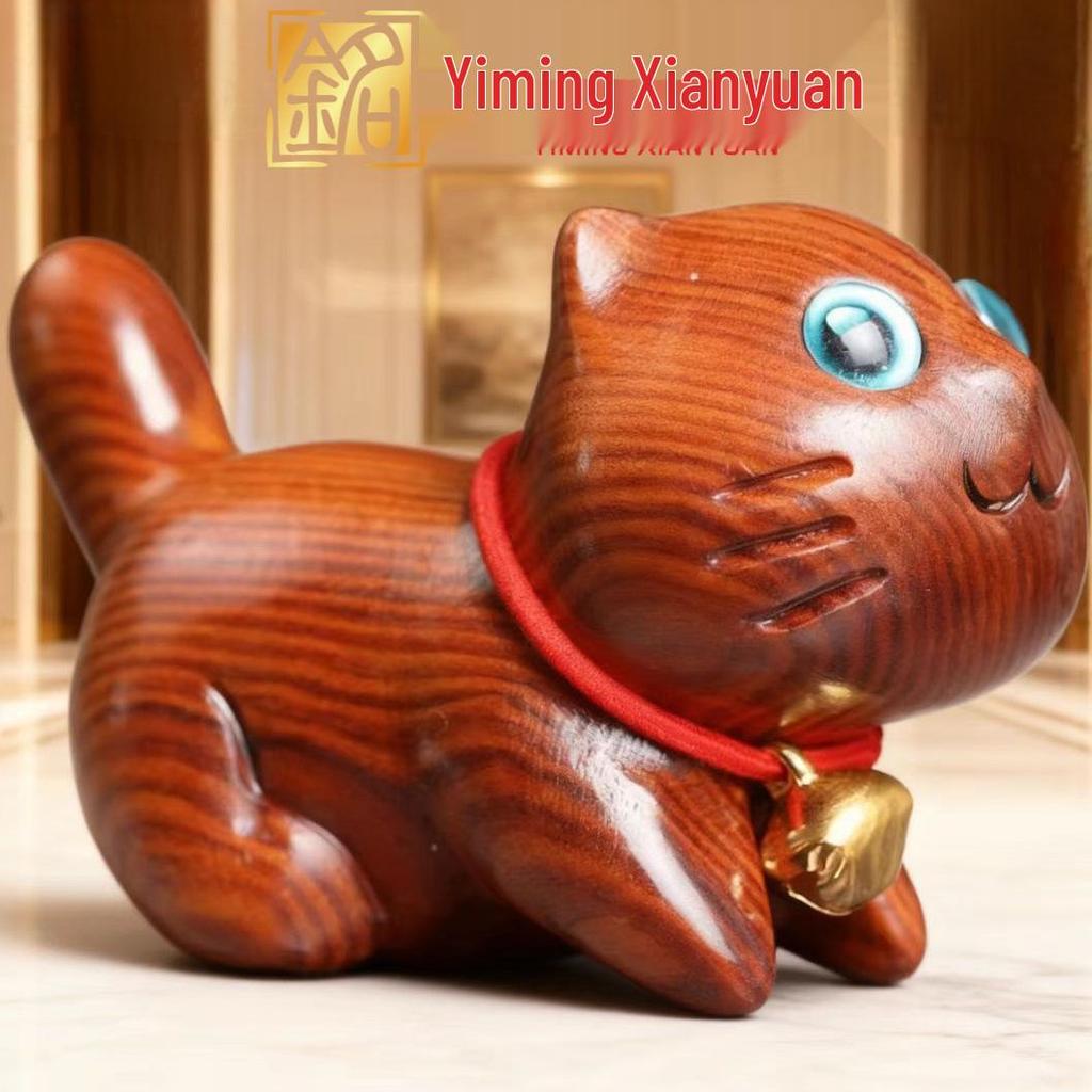 Уверенный Кот Резьба по самшиту: Милый мультяшный котенок-украшение и ручка из дерева ручной работы.