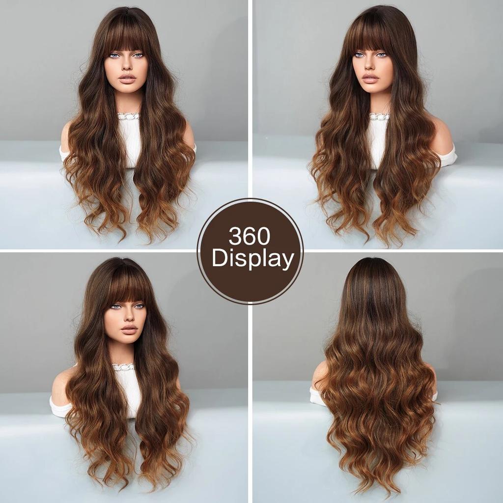 Длинный вьющийся коричневый парик Ombre Blonde для женщин, повседневные вечерние синтетические волосы высокой плотности с свободным телом, волнистые медные парики из волос с челкой