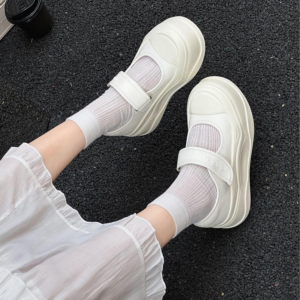 European soft leather big head muffin platform white shoes women's versatile Velcro small man height increase casual Mary Jane shoes