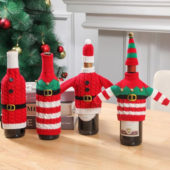 Рождественский чехол для бутылки вина, вязаный рождественский свитер для бутылки с шапкой Санты для бутылок вина, шампанского, пива, праздничное украшение для вечеринки