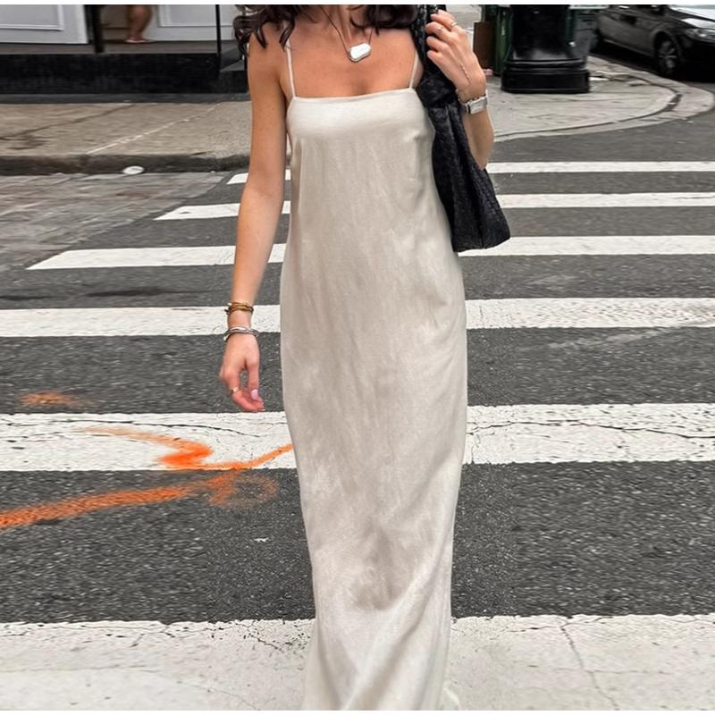 Элегантное хлопковое платье-комбинация с подкладкой, женское однотонное платье без рукавов, длинное женское платье 2025 года, весна-лето, модное женское пляжное платье