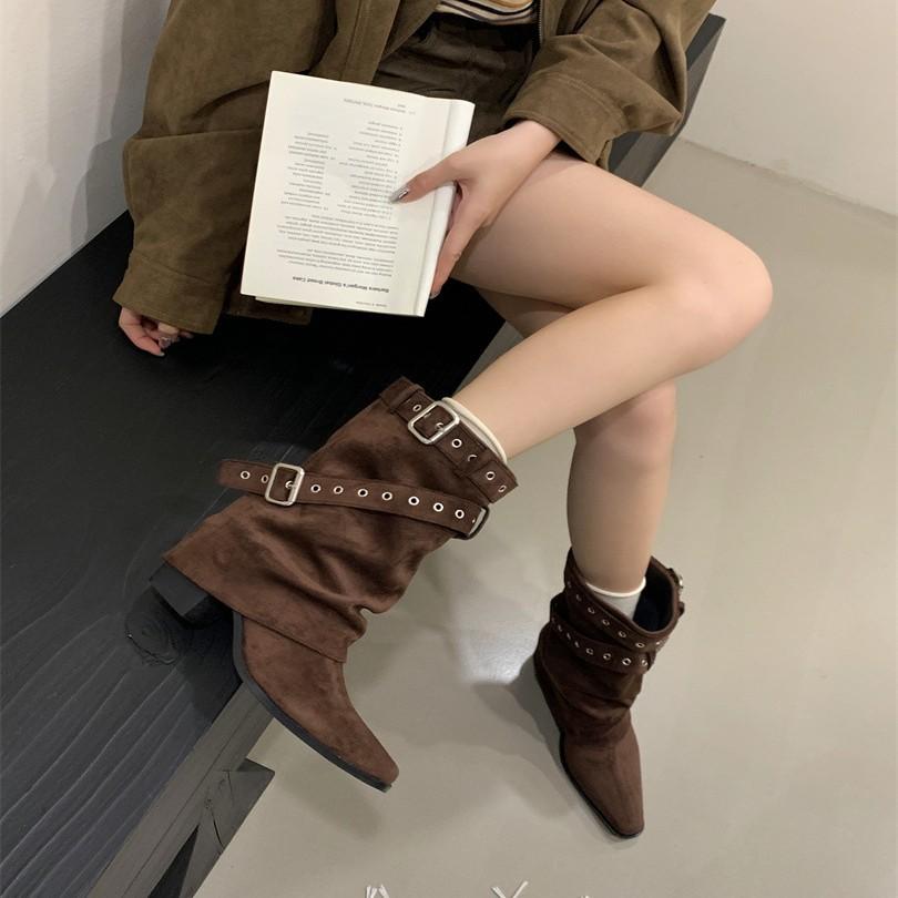 2025 New Retro Pointed Thin Boots Belt Buckle Thin But Knee Pile Boots Women's Versatile Thick Heel Mid Boots
