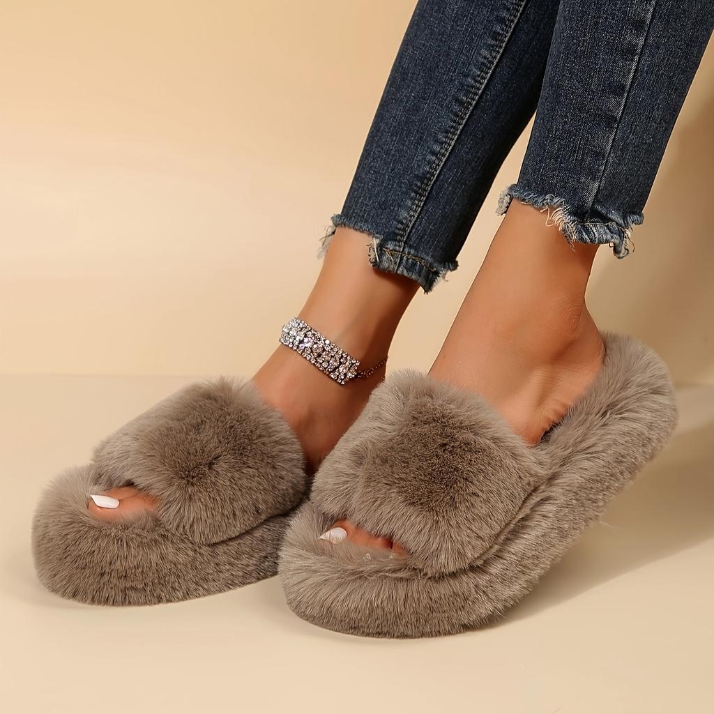 2024 зимние пушистые тапочки на платформе, однотонные, с открытым носком, удобные плюшевые туфли, домашние, уличные, пушистые теплые тапочки, сандалии большого размера