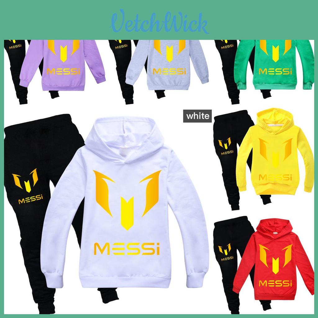 Messi Letter Print Cartoon Kids Hoodie And Pants Set With Cotton Fabric