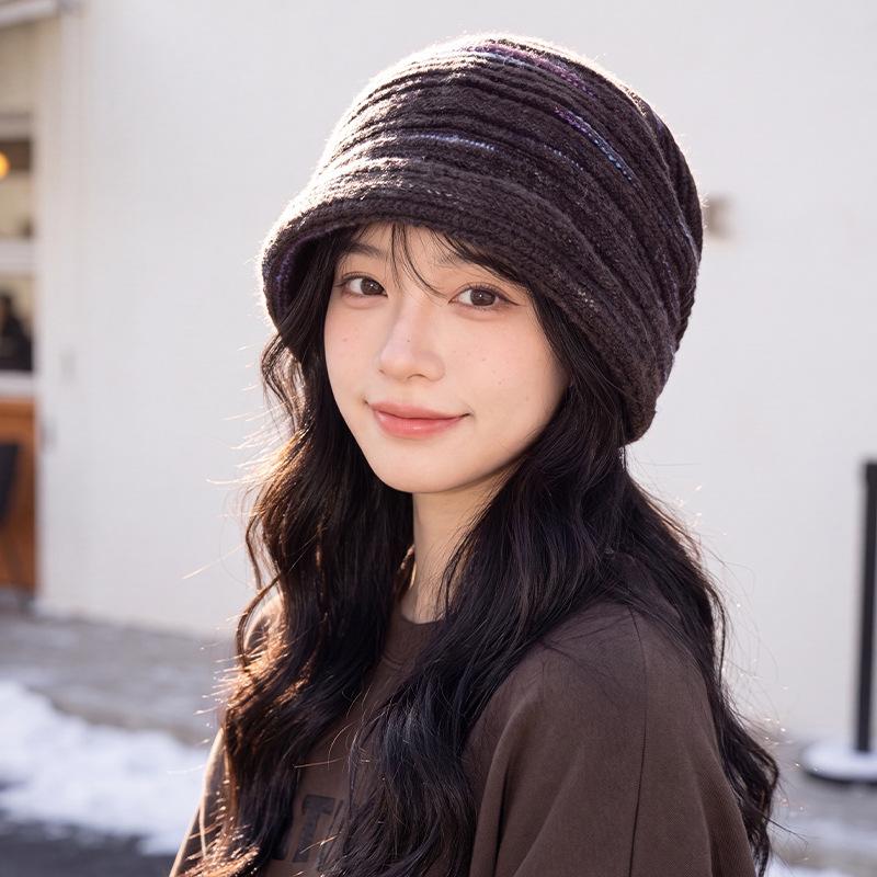 Ladies Striped Knitted Headgear, Autumn/Winter Warm Soft Brim Beret, Lazy Retro Wool Bucket Hat