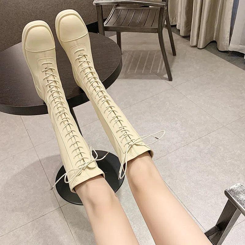 Белые длинные сапоги на толстой подошве, женская обувь 2025, новые весенние и осенне-зимние, маленькие коричневые летние длинные рыцарские сапоги