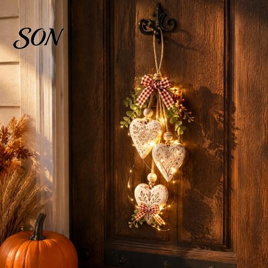 Natural Jute Rope Decor Heart-Shaped Wooden Decorative Hanging Ornaments with LED Light, Rustic Farmhouse Heart Wall Pendant Bead Vintage Beads & for