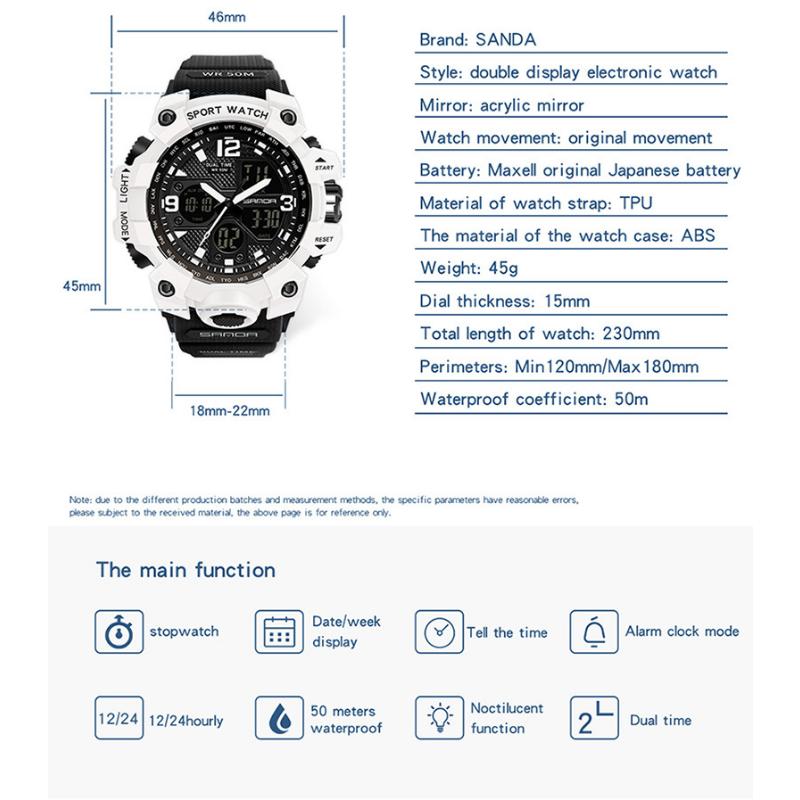 SANDA Новые простые модные спортивные электронные часы с ночным светом, студенческие мужские часы