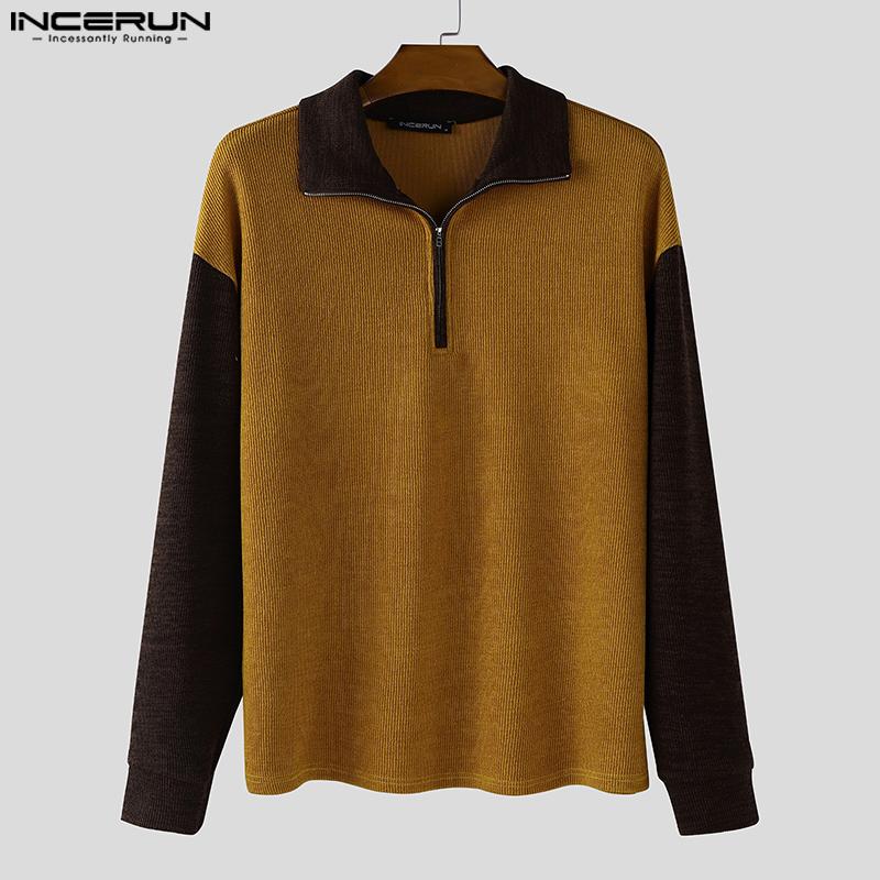 INCERUN Осенние мужские пуловеры с длинным рукавом, на молнии, с лацканами, с декоративной строчкой, в рубчик