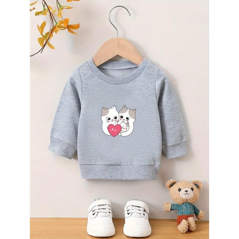 Kids Crewneck Sweatshirt, Cartoon Family of Three Kittens Graphic Print, Spring Autumn Casual Tops