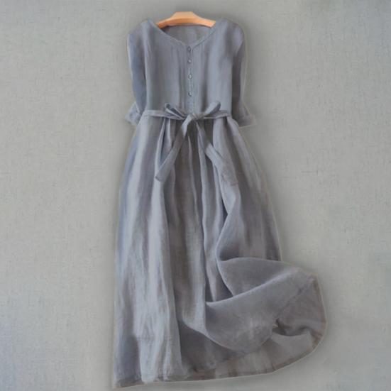 Женское летнее платье с круглым вырезом в стиле ретро, ​​чистый цвет, с короткими рукавами, плиссированное трапециевидное платье с высокой талией и большим подолом, однобортное платье миди для отдыха