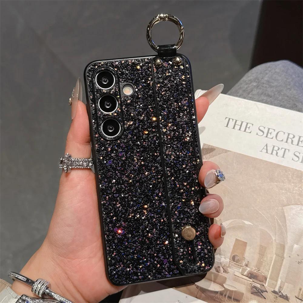 Wrist Strap Bracket Ring Phone Case for Samsung Galaxy S25 Ultra S24 S23 S22 S21 Plus Flash Diamond Leather Hard Shell Cover