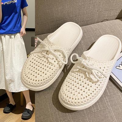 Новые летние прохладные тапочки женские с закрытым носком на шнуровке для улицы, пляжные шлепанцы, милые плоские тапочки