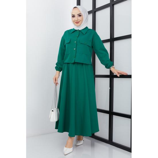 Женский хиджаб с карманом на пуговицах и эластичной расклешенной юбкой с манжетами