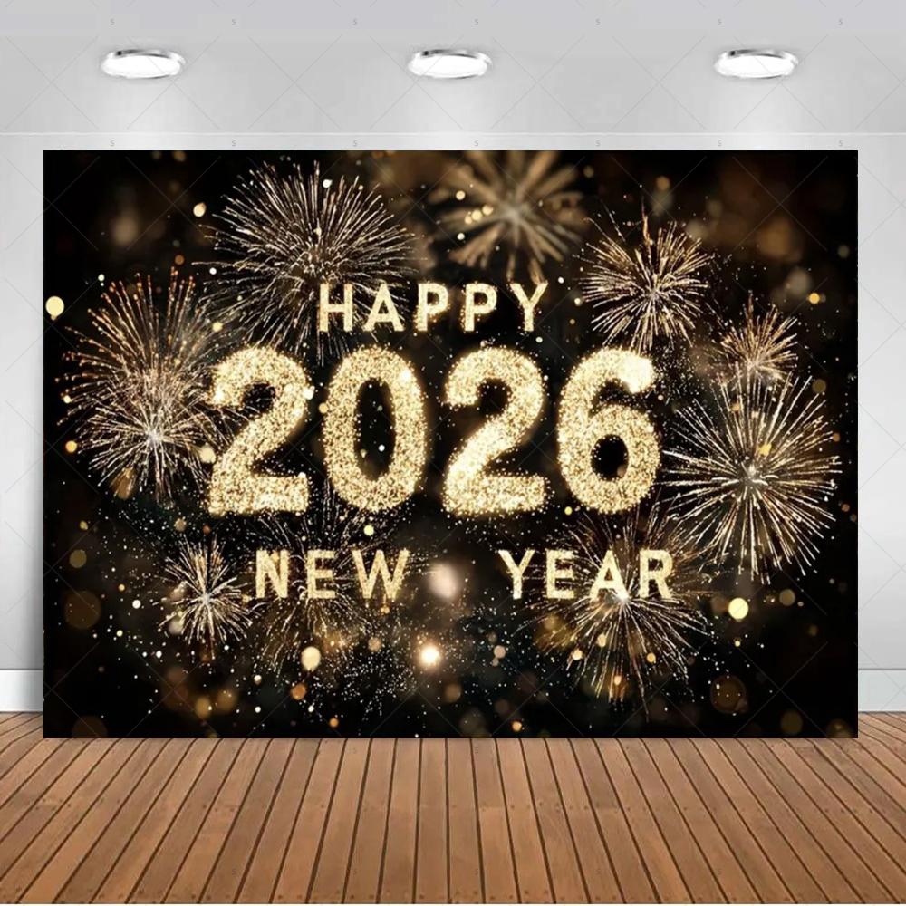 2026 Тема С Новым Годом Фон Черно-Золотой Воздушные Шары Баннер Шампанское Празднование Семейные Вечеринки Украшение Подарок Фотостудия Реквизит